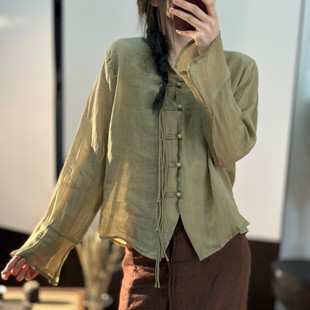 文藝新中式 高端苧麻小衫 女V領(lǐng)單排扣輕薄透氣長(zhǎng)袖 國(guó)風(fēng)上衣 荷葉袖