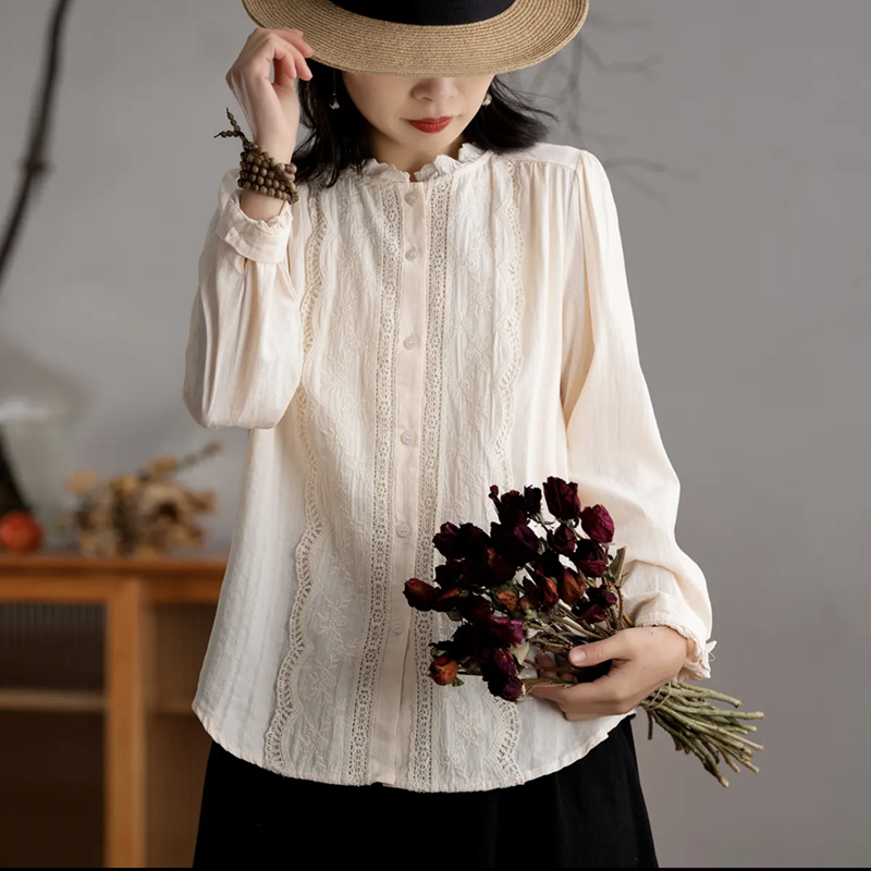 宽松文艺单排扣长袖全棉衬衫女