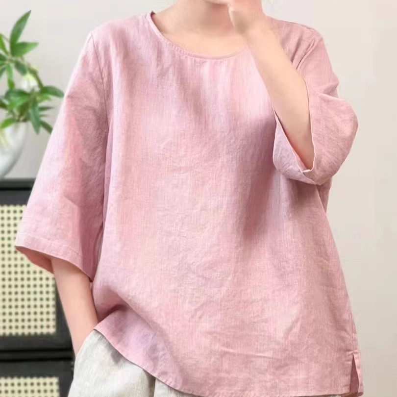 100%亚麻纯色T恤上衣女时尚百搭