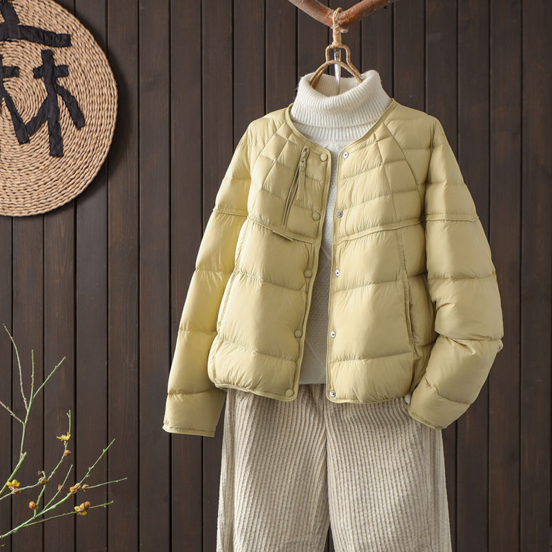 轻薄短款简约羽绒服女2025冬季新款时尚圆领宽松90白鸭绒保暖外套