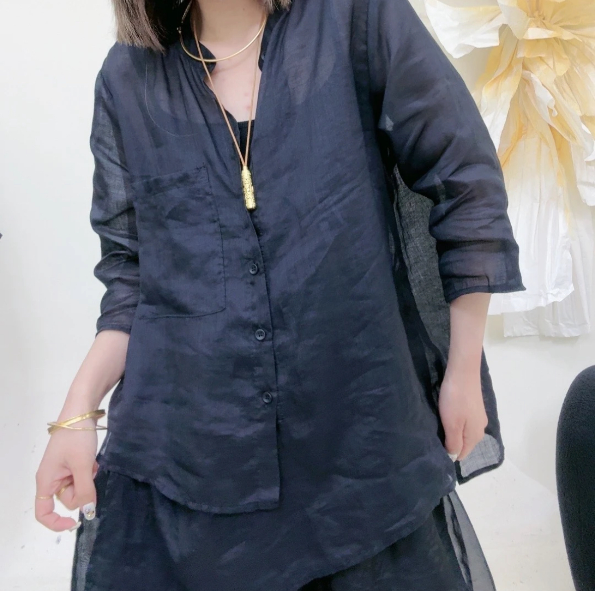 宽松单排扣七分袖苎麻衬衫上衣女