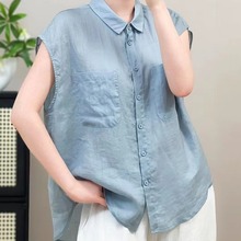 【100.%苎麻】翻领短袖T恤女气质高品质薄款纯色衬衫宽松显瘦上衣