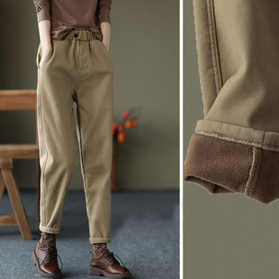 2025新款全棉加厚裤子休闲裤女冬季松紧腰加绒哈伦裤纯色外穿长裤