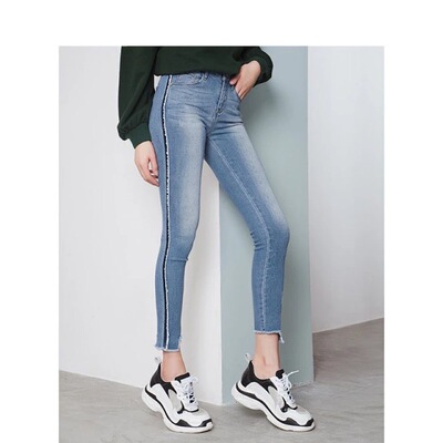 包邮 修身小脚牛仔裤女稀少不退换，茵man 品弹力修身毛边牛仔裤