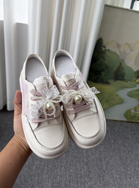 包邮 官方439鞋子蝴蝶结厚底休闲板鞋增高鞋踩脚紫色小白鞋D7W1D