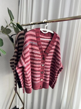 含有7.4%绵ym！慵懒休闲水随意复古风 条纹开衫 宽松舒适女针织衫