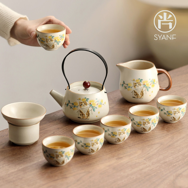 汝窑茶壶茶具套组家用高颜值2025新款提梁壶轻奢高档功夫茶具女士