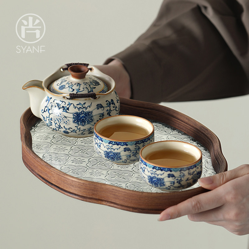 青花汝窑手抓壶盖碗功夫茶具茶杯高档防烫家用旅行茶具套组泡茶碗