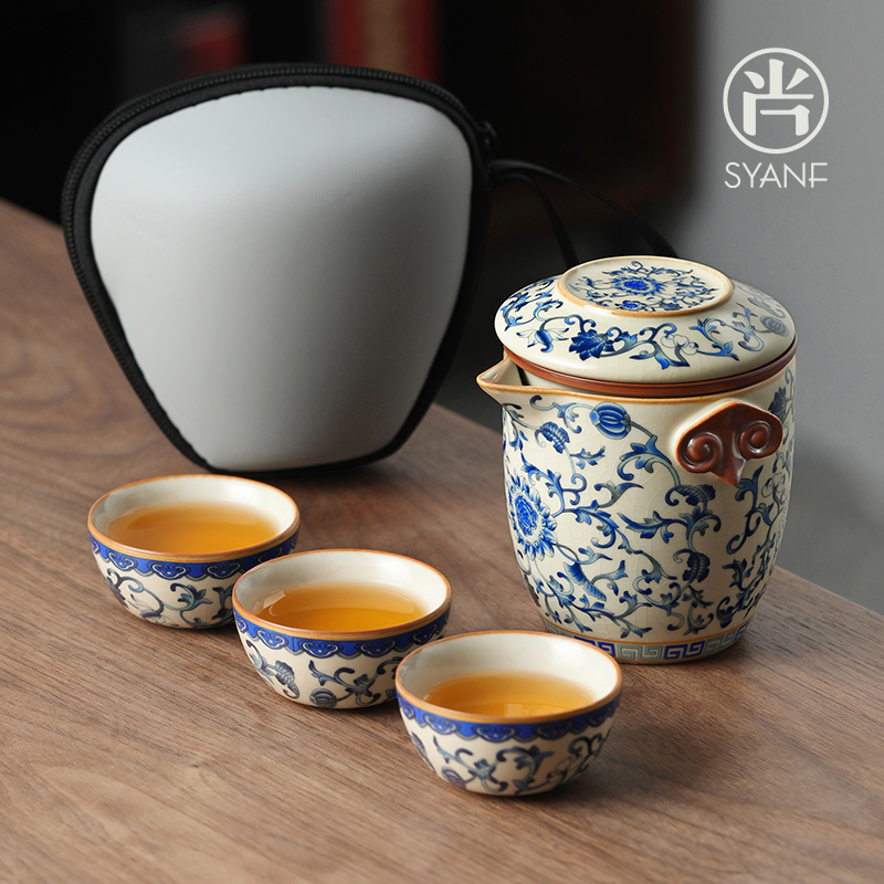 旅行茶具套组青花汝窑户外露营个人专用可携式陶瓷快客杯一壶三杯