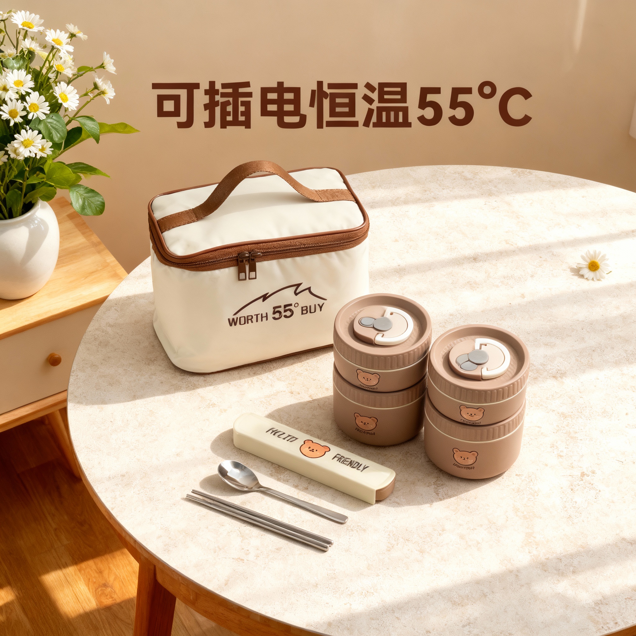 保温饭盒插电恒温55℃双层上班族学生户外差旅便携可爱餐盒套装
