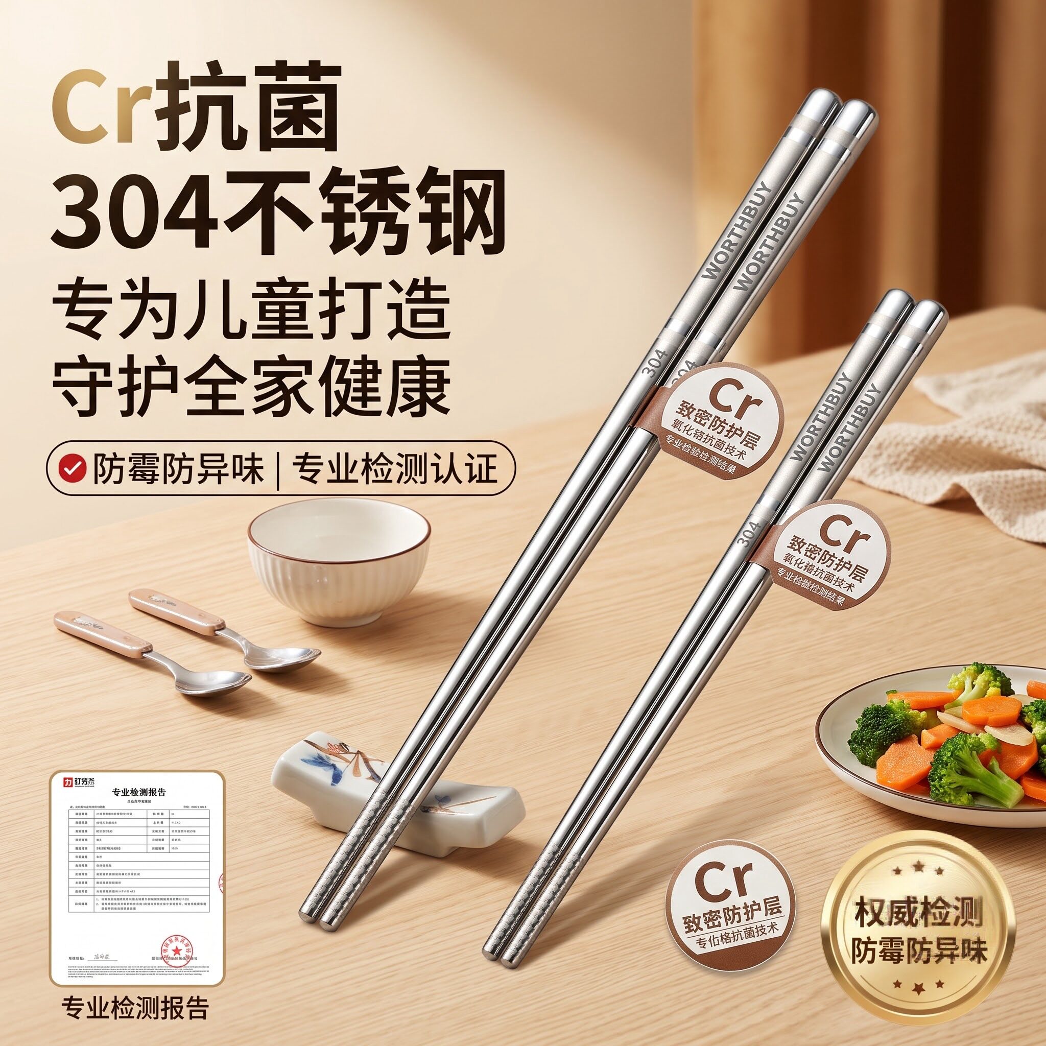 儿童筷子304不锈钢防滑筷尖方形筷身防滚落一体封尾家用夹面夹菜