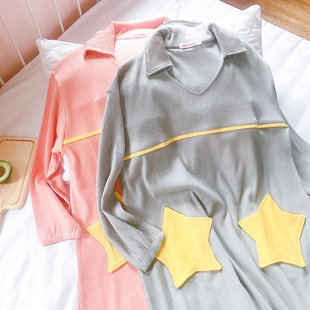 日系甜美五角星螺纹棉舒适亲肤睡裙睡衣家居服女秋冬 包邮 1件