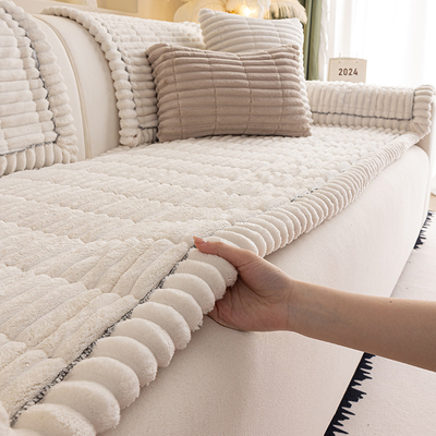 冬季加厚沙发垫防滑毛绒保暖简约现代实木坐垫办公室皮沙发盖布巾