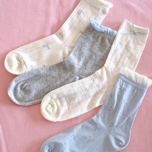 蝴蝶结 ROSE 春夏ins花边女袜轻薄芭蕾风少女中长可爱 BLEU