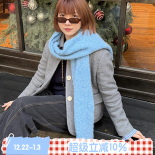 SKI ROSE 秋冬Alpaca羊驼毛混纺纯色保暖围巾蓝色流苏 BLEU