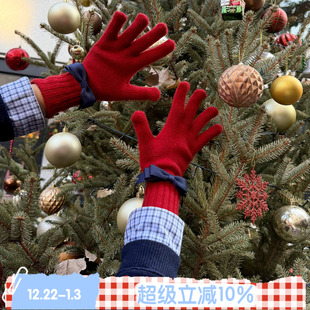 Holiday ROSE 复古新年羊毛圣诞红针织保暖围巾手套 BLEU