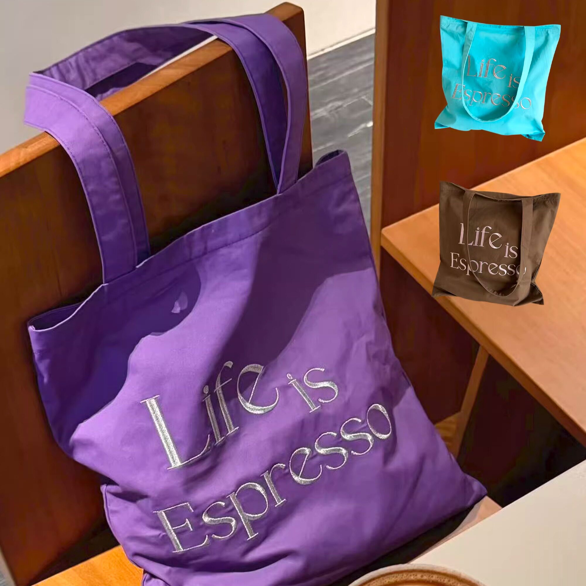 BLEU et ROSE【Life is Espresso】原创刺绣旅行收纳单肩包帆布袋