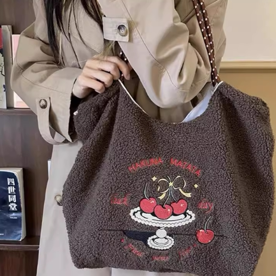 日本代购ballchain刺绣曲奇羊羔绒包包女2024冬单肩托特包通勤包