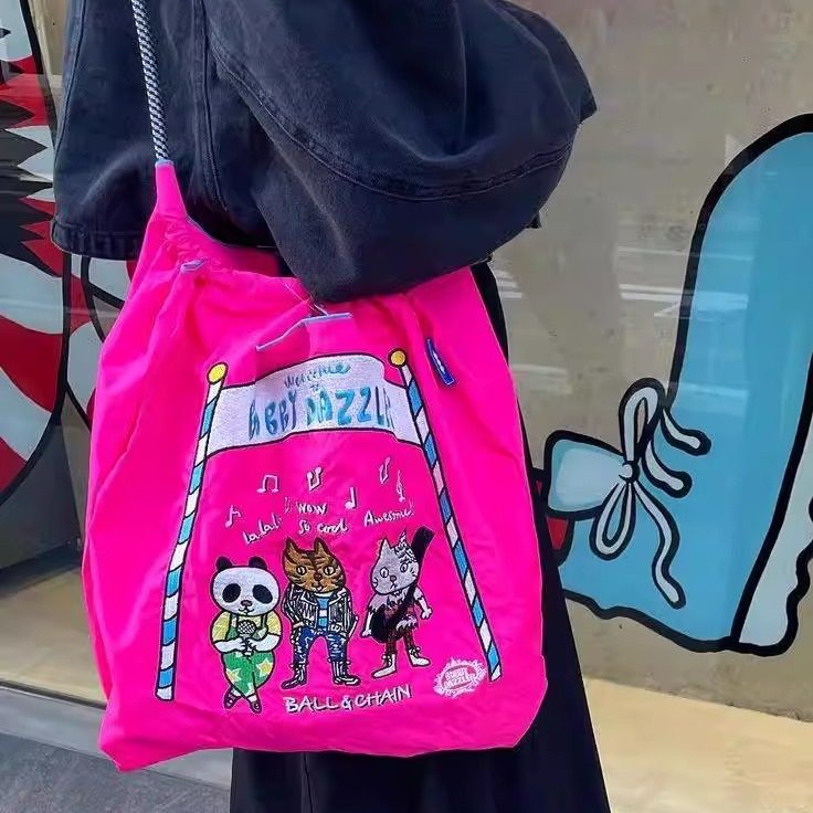 日本代购ballchain蔡依林同款玫红刺绣购物袋旅游手提单肩包包女