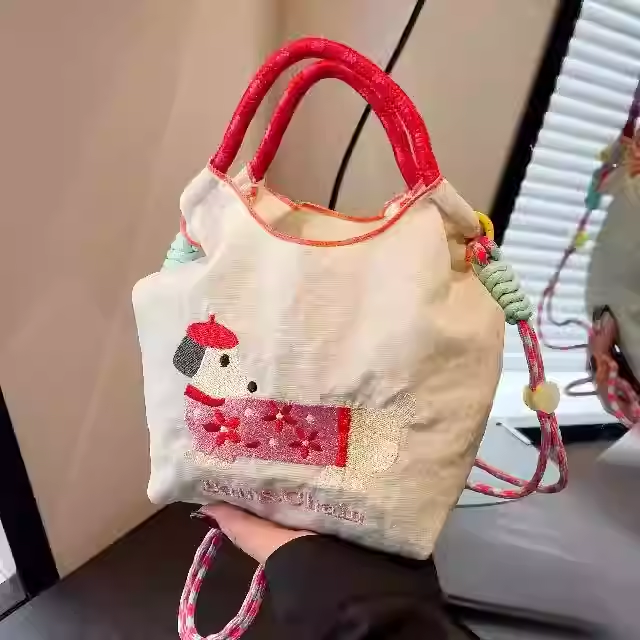 日本代购ballchain刺绣樱花狗狗手提包夏季百搭迷你斜挎小包包女