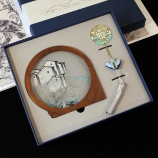 苏州手工双面刺绣礼盒苏绣胡桃木摆件套装中国特色商务伴手礼品