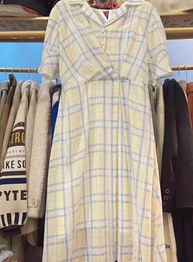 女子会舍之R.T.夏季新款气质收腰黄色格子中长款连衣裙L122315239