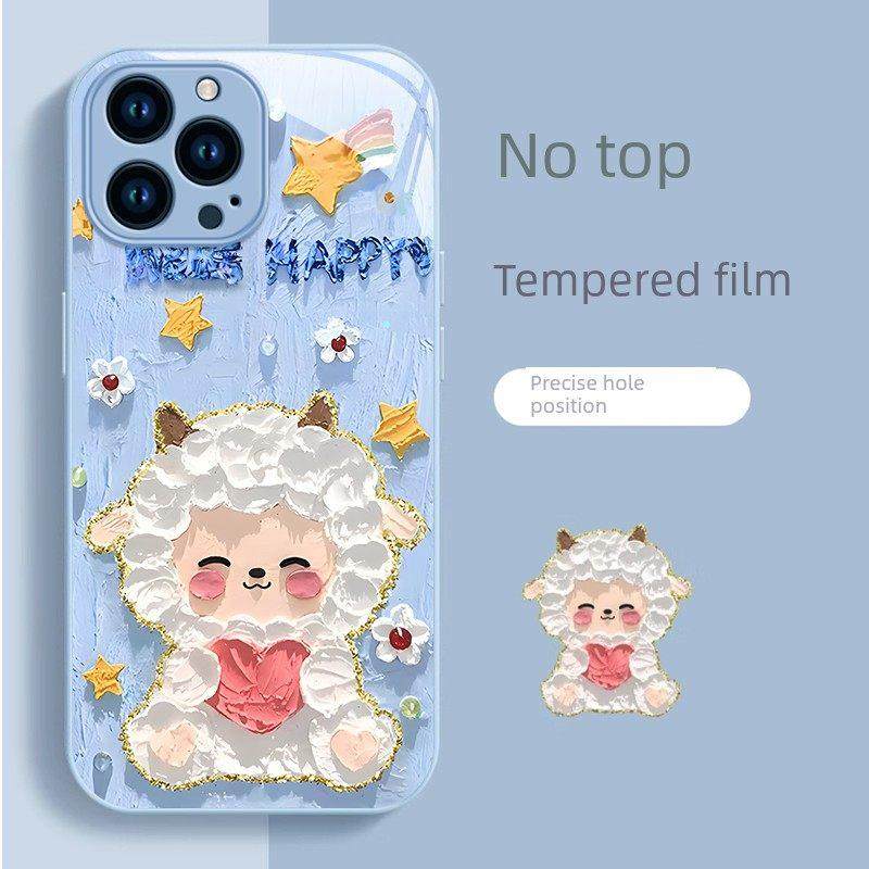 适用于苹果15手机壳新款14Promax高端Ip13油画羔羊12Mini玻璃11全包式iphone exr防摔8Plus简单7可爱的女性保