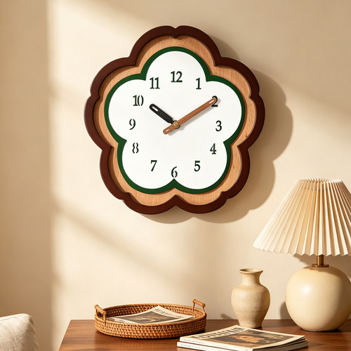 汉时复古花朵造型木静音石英挂钟