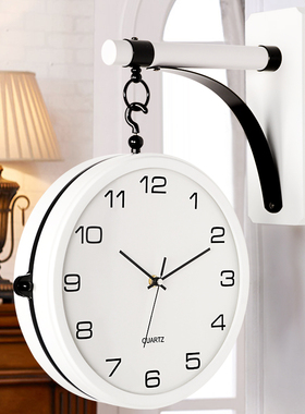 汉时欧式轻奢挂钟表客厅简约双面时钟静音创意两面白色挂表hds03