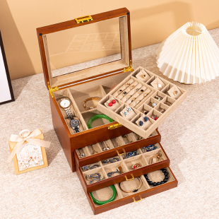 匠功夫 纯实木五层首饰盒带锁复古大容量珠宝收纳箱防尘珍藏收纳