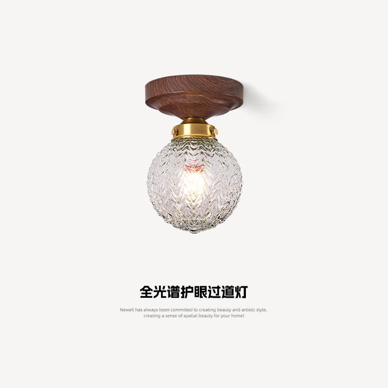 中古风走廊过道吸顶灯侘寂风胡桃木纹玻璃阳台灯复古玄关衣帽间灯