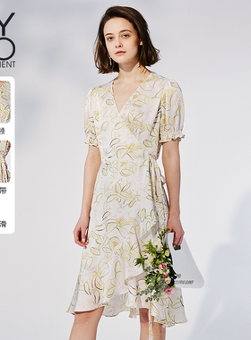 【商场同款】MYMO法式印花连衣裙朗黛夏季新款醋酸荷叶边裙196M