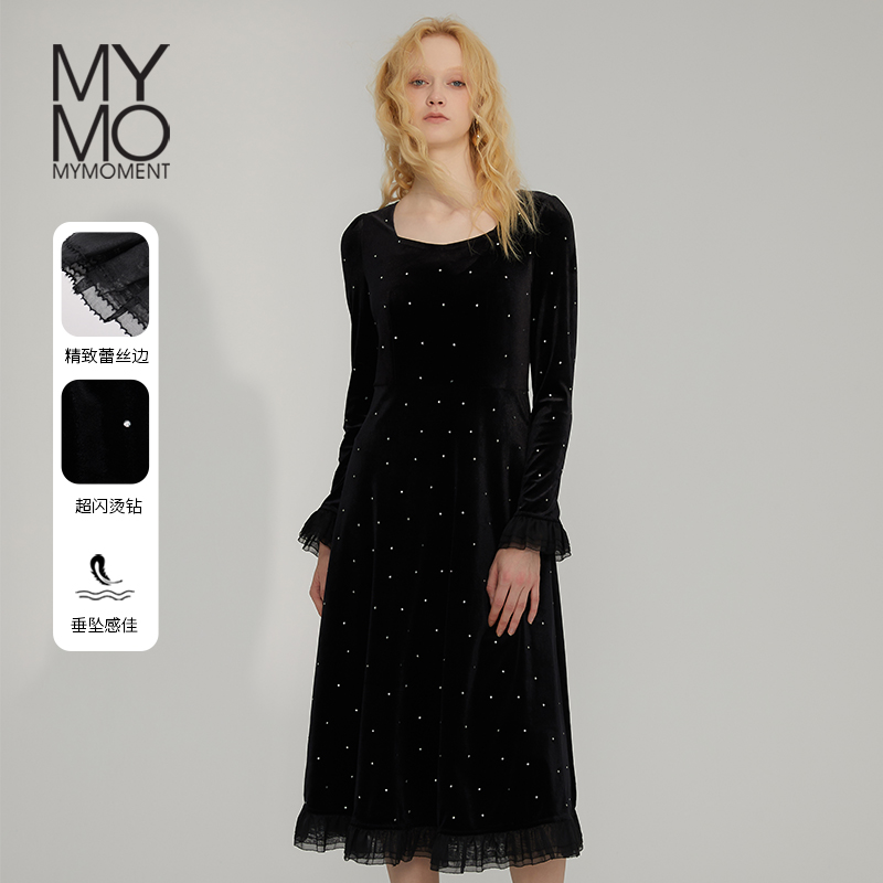 Mymo优雅丝绒烫钻连衣裙