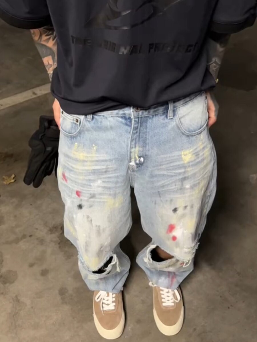 플러스 사이즈 남성 의류 남성 틈새 스플래시 디자인 워싱 찢어진 넓은 다리 바지 그래피티 디스트레스드 루즈 스트레이트 청바지