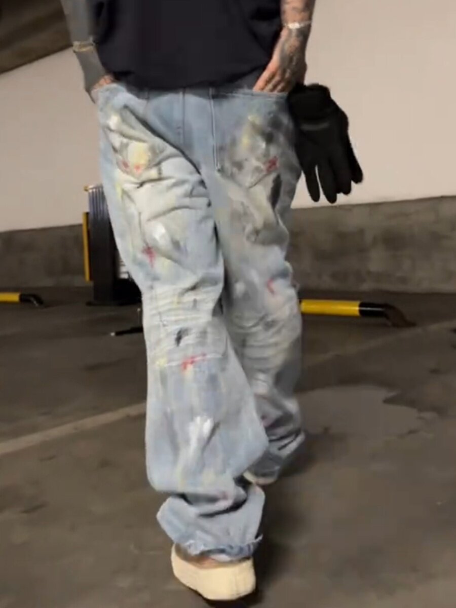 플러스 사이즈 남성 의류 남성 틈새 스플래시 디자인 워싱 찢어진 넓은 다리 바지 그래피티 디스트레스드 루즈 스트레이트 청바지