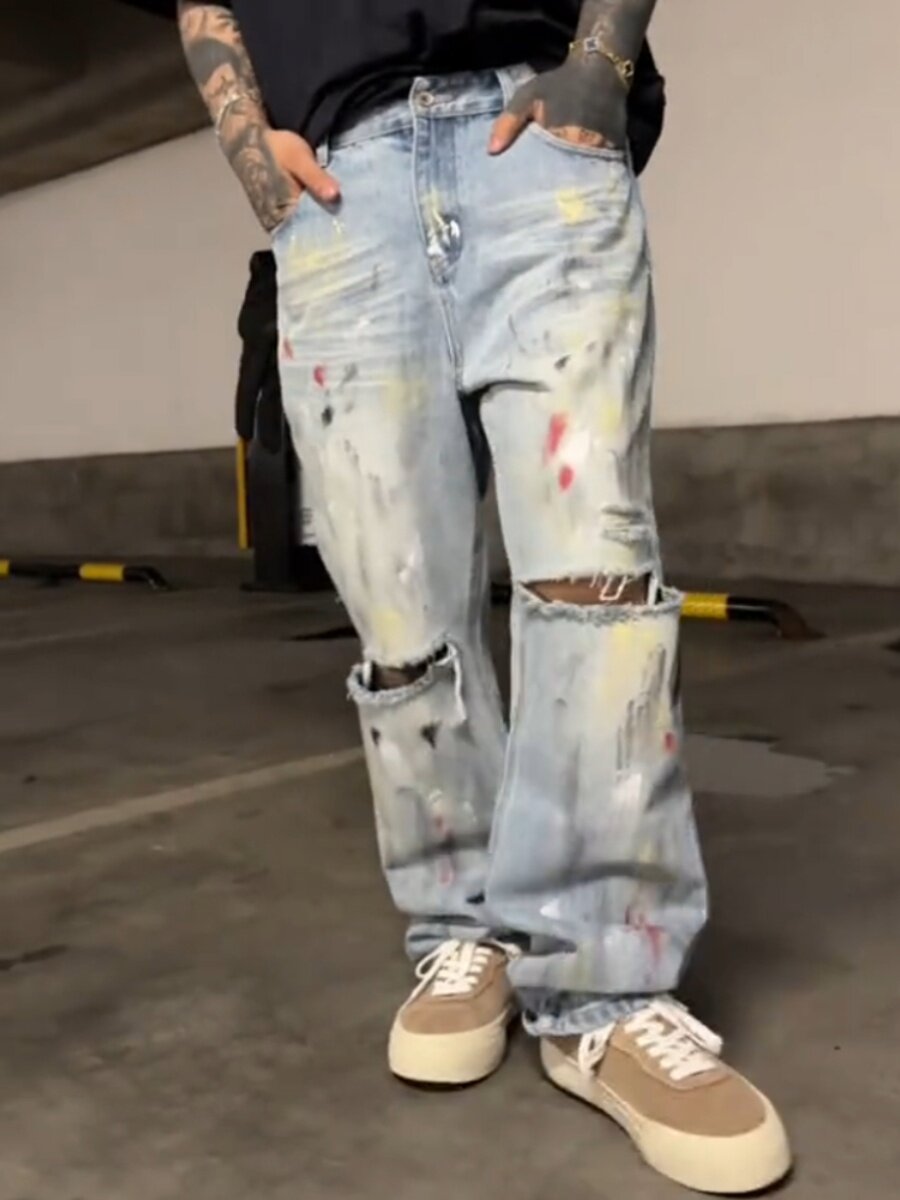 플러스 사이즈 남성 의류 남성 틈새 스플래시 디자인 워싱 찢어진 넓은 다리 바지 그래피티 디스트레스드 루즈 스트레이트 청바지