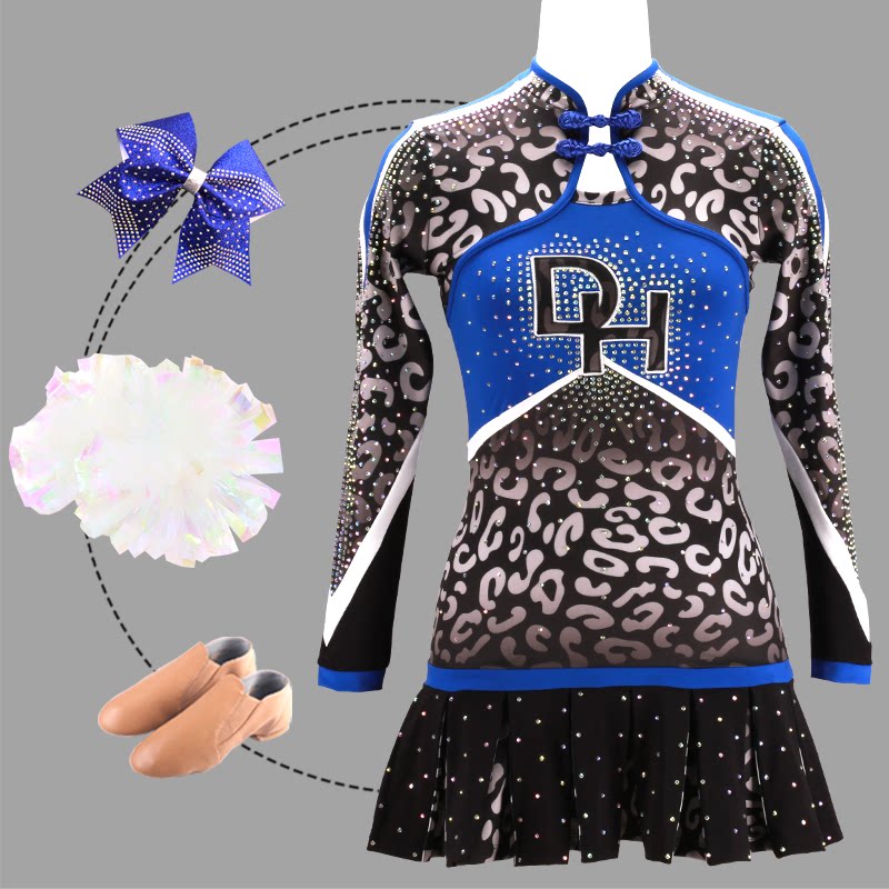 豹纹新中式花球啦啦队队服长袖舞蹈服啦啦操运动会表演服成人儿童