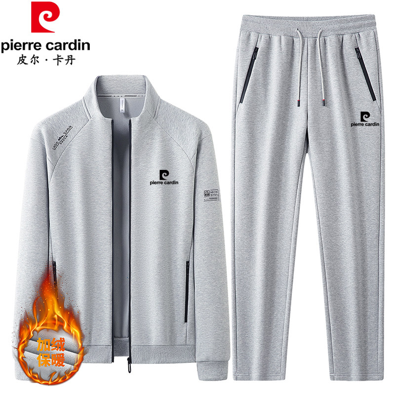 皮尔卡丹爸爸纯棉运动套装男秋冬加绒中年立领开衫大码休闲运动服