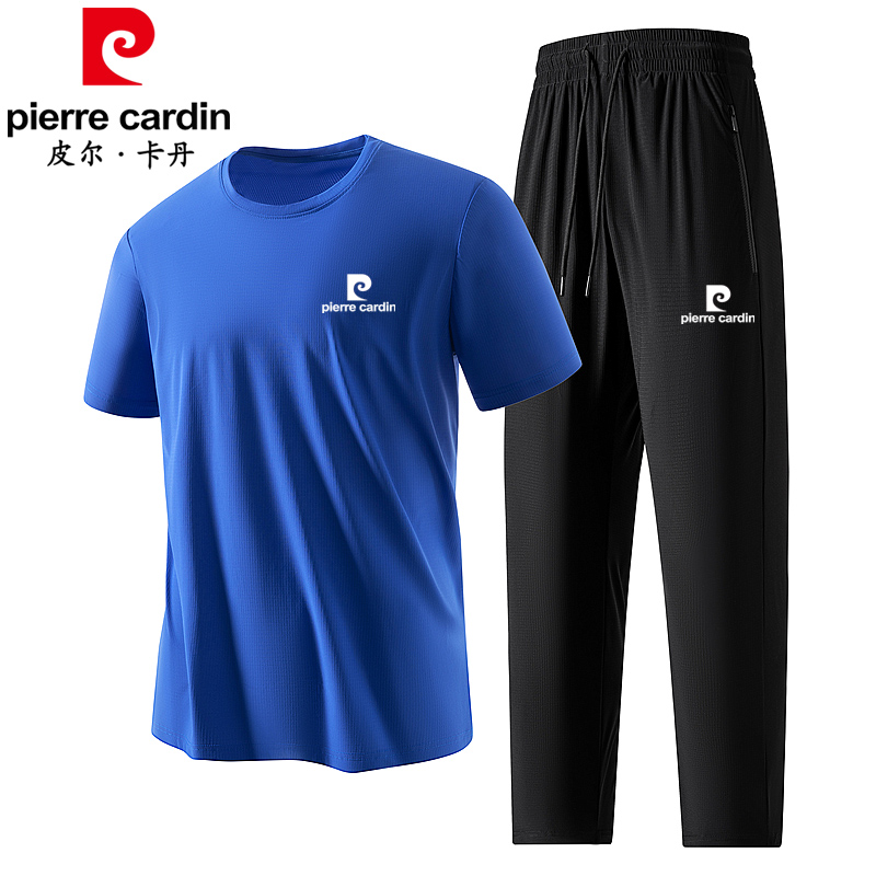 皮尔卡丹正品休闲运动套装男夏季薄款宽松直筒裤中老年冰丝运动服