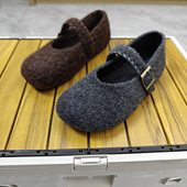 女冬2025新款 韩版 呢子单鞋 灰色玛丽珍毛毛鞋 女平底加绒保暖棉鞋 子