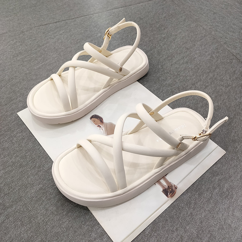 小米爱踩屎感一字扣带厚底凉鞋女2025年夏季时尚交叉系带罗马女鞋