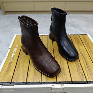 法式气质方头高级感粗跟短靴女2025年冬季加绒保暖时尚简约马丁靴