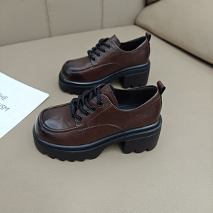 系带小皮鞋女2025新款复古厚底增高粗跟小个子英伦风轻便乐福单鞋