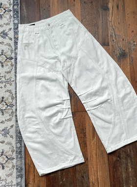 WHOA HA白色boxy复古拼接设计感弯刀牛仔裤男女阔腿宽松