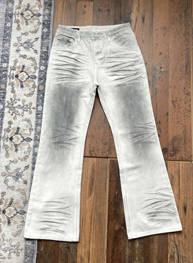 WHOA HA复古做旧水洗白色脏染猫须牛仔裤男微喇长裤/14盎司