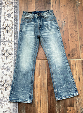 WHOA HA复古水洗通勤猫须微喇牛仔裤男女宽松长裤15盎司/莱赛尔