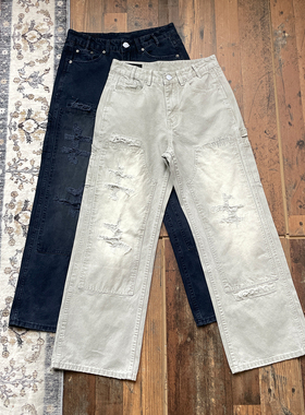 WHOA HA复古水洗破洞磨烂双膝boro工装裤男女宽松直筒伐木裤