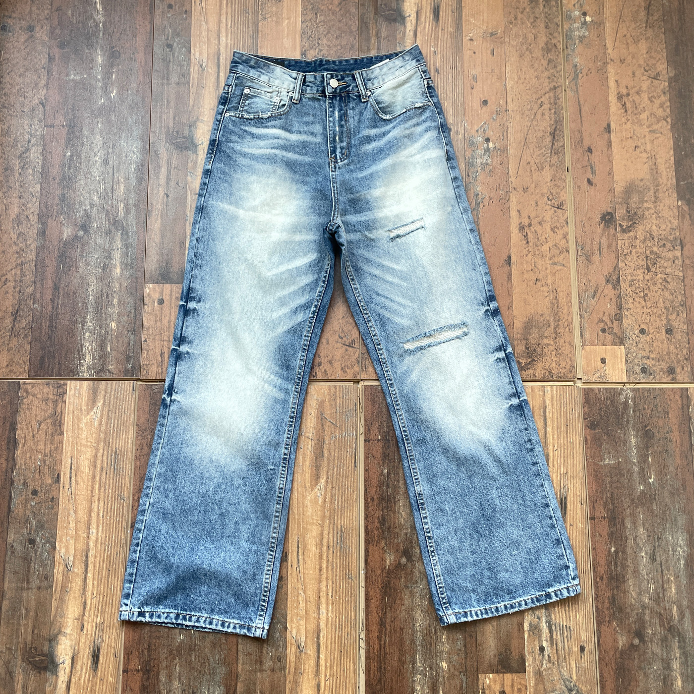 WHOA HA水洗做旧猫须vintage破坏牛仔裤宽松直筒长裤14oz