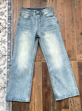 WHOA HA复古水洗直筒海蓝vintage猫须泛白宽松牛仔裤