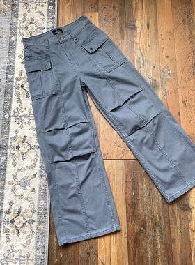 WHOA HA复古多口袋褶皱法工蓝工装裤男女潮新款直筒裤子美式